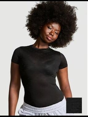 PINK Victoria's Secret Black Sheer Short-Sleeve Top